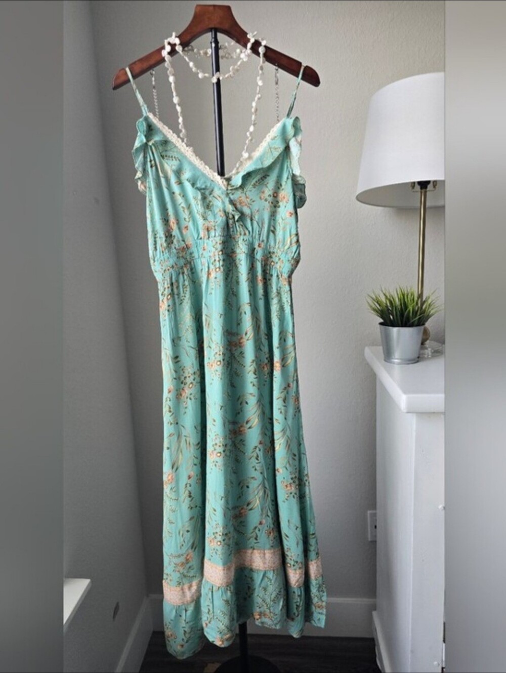 SHEIN Boho Floral Maxi Dress L Mint Green Ruffle Lace Trim Cottagecore Resort L